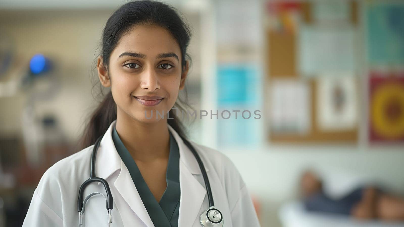 An indian female doctor with a stethoscope stands confidently in a clinic, embodying professionalism and dedication. the background contains medical charts and a soft focus on a patient, emphasizing a healthcare environment.