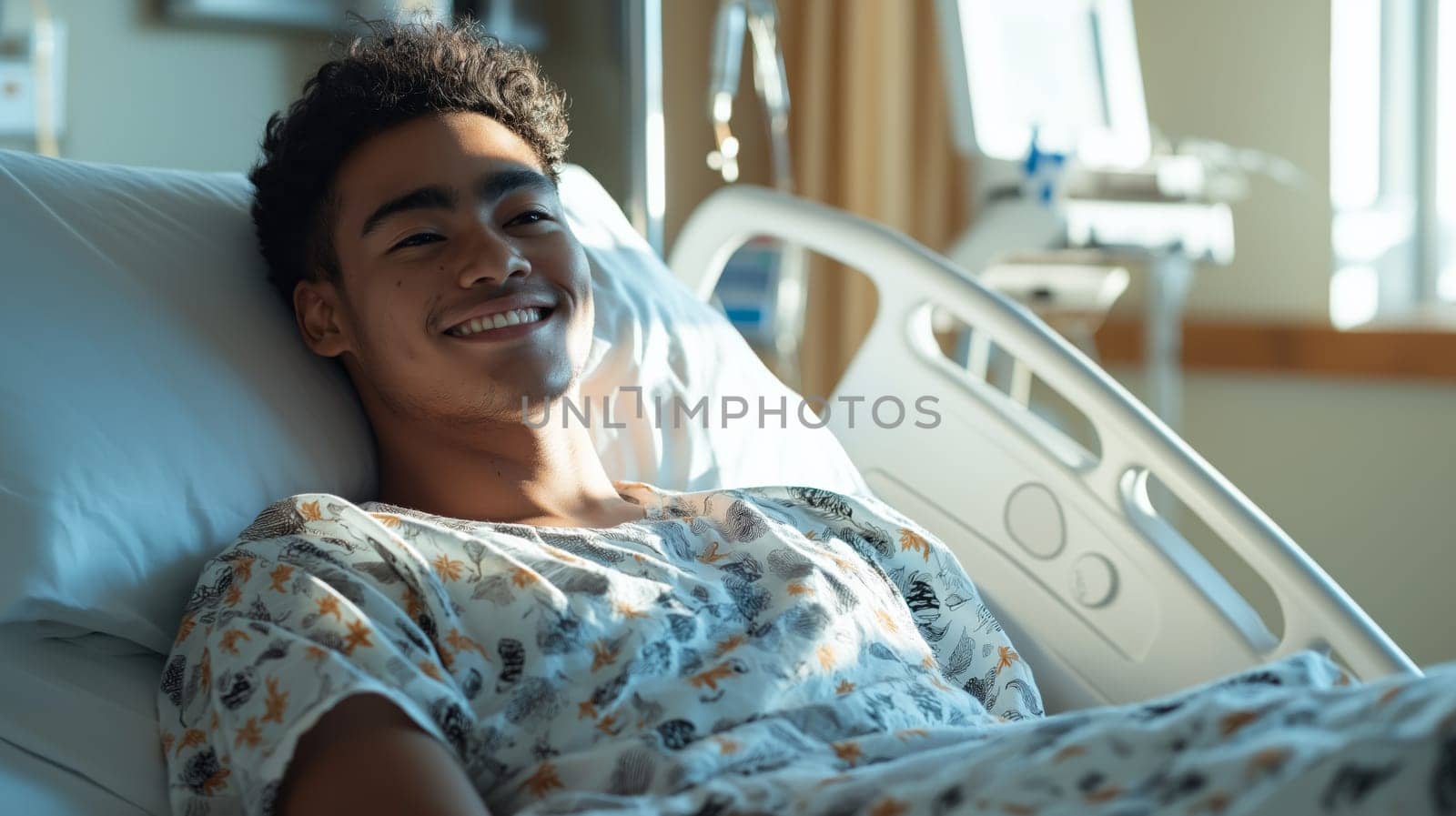 Young pacific islander man in a hospital bed wearing a gown with a cheerful expression, surrounded by medical equipment in a bright, sunlit hospital room. the atmosphere suggests recovery, health, and positive outcomes during a hospital stay.