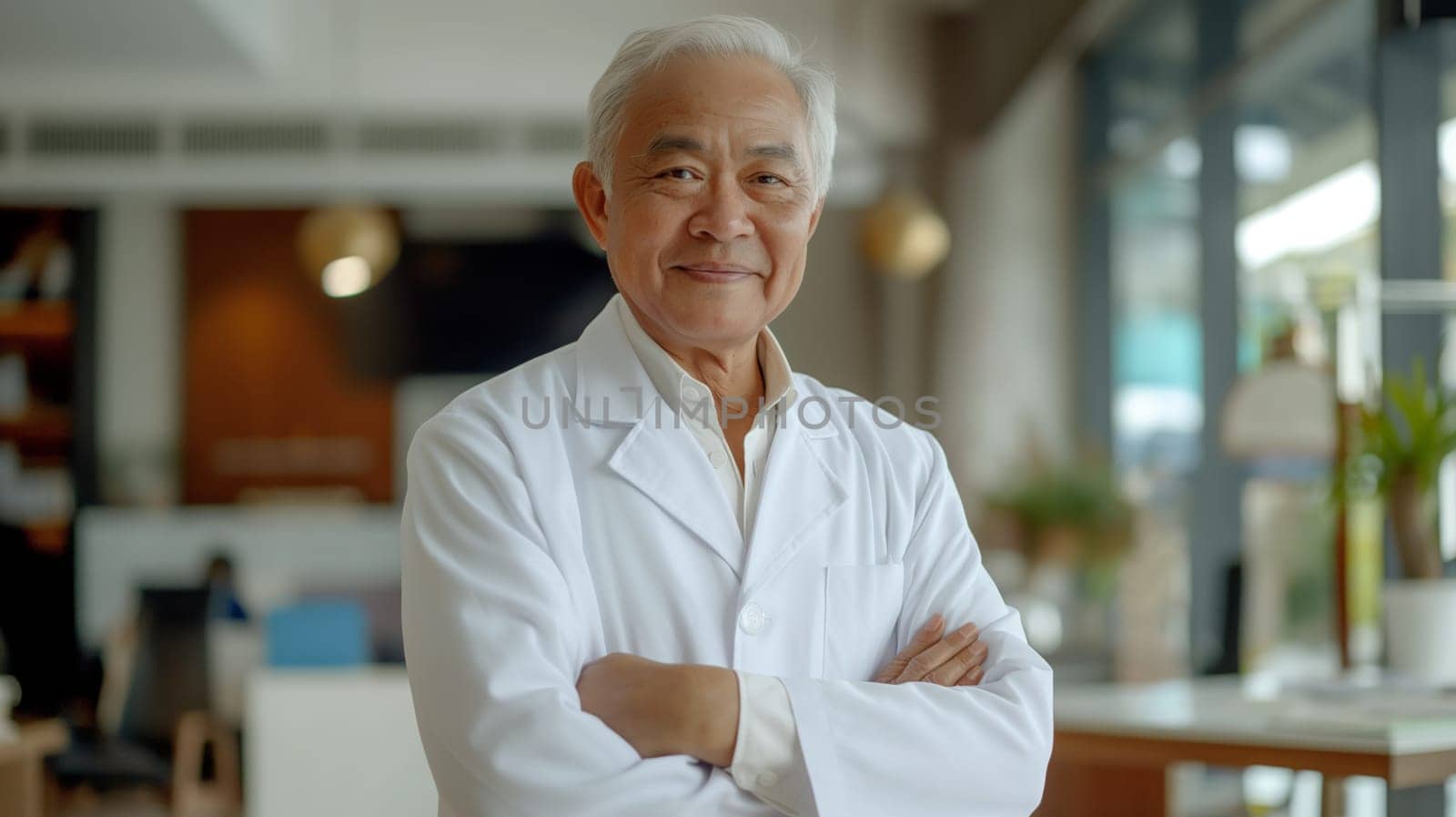A senior male doctor of east asian descent stands confidently with crossed arms in a modern office environment. he wears a white coat, suggesting his profession in the healthcare industry. the background features blurred office furniture and soft lighting, enhancing the professional atmosphere.