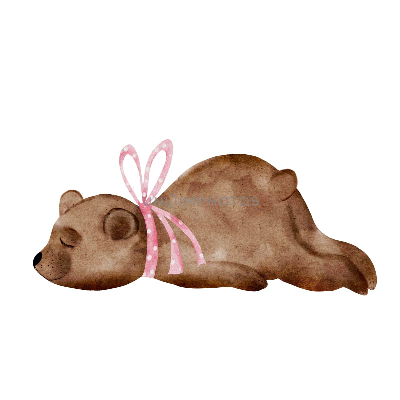 Teddy Bear watercolor illustration. Hand drawn cute sleeping animal. Clip art of a bear isolated on a white background. Children's design. Perfect for birthday, baby shower and christening invitations and cards, and tags. Clumsy animal. High quality illustration