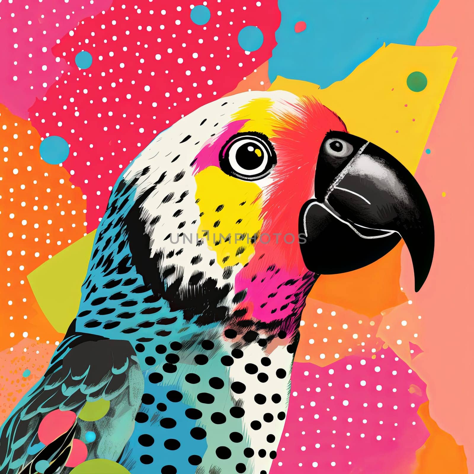 A colorful cartoon illustration of a parrot with polka dots texture against pink background. Image in the style of playful geometric shapes, editorial illustrations. Multilayered collages, flat style, bold colors, unique hand drawn textures. Minimalistic, cetered in the middle with negative space around
