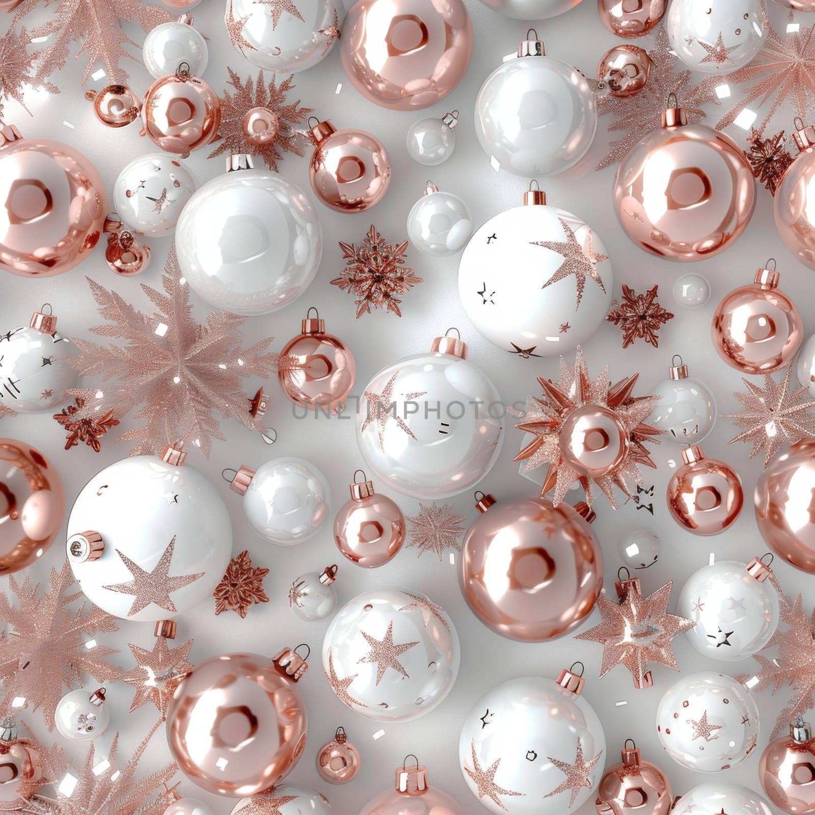Elegant soft pink background with rose gold christmas decorations for a luxurious festive aesthetic