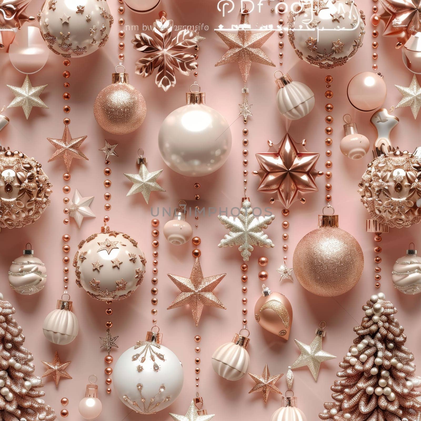 Elegant pink background with rose gold christmas decorations for a luxurious festive aesthetic