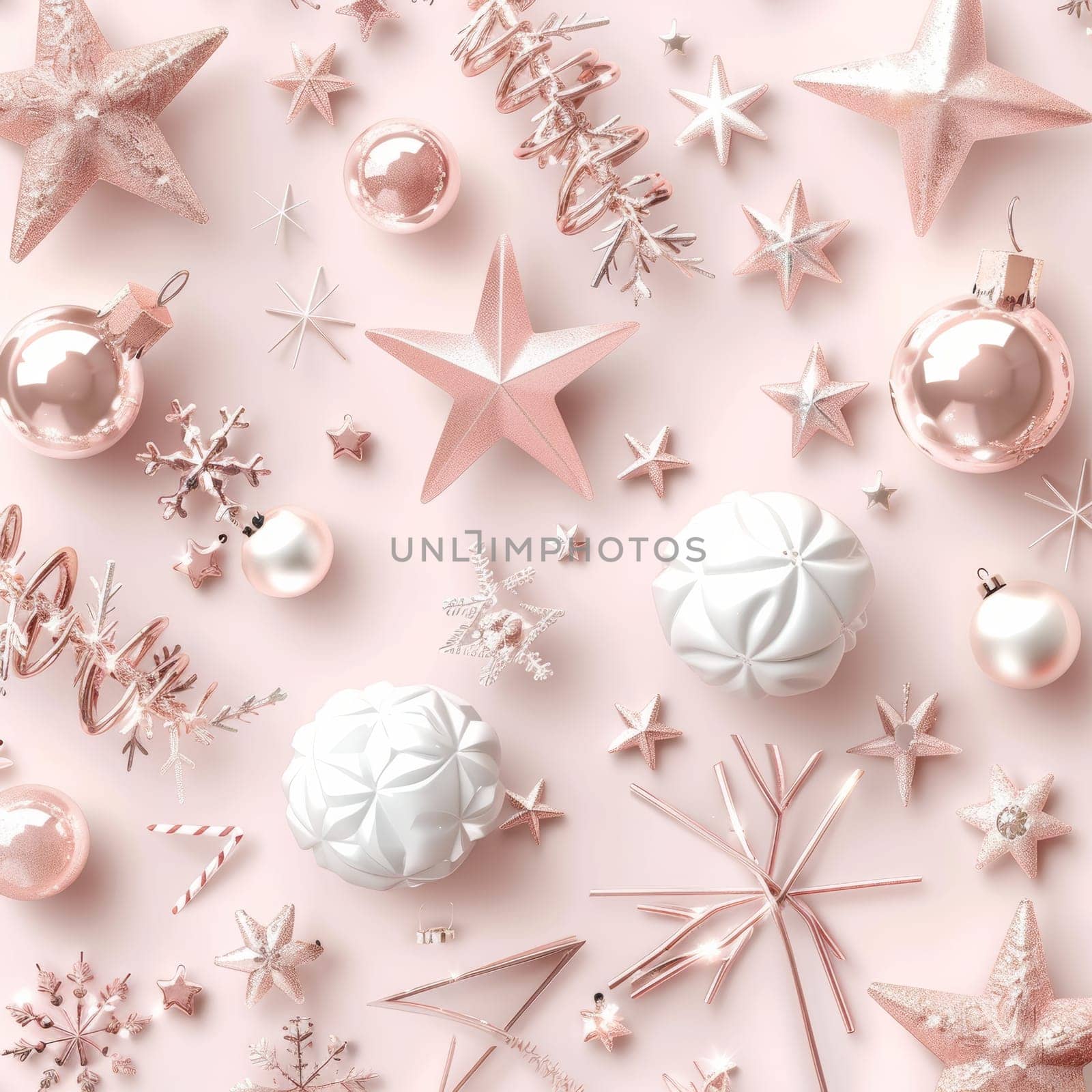 Symmetrical soft pink wallpaper with rose gold christmas decorations for luxury and romance