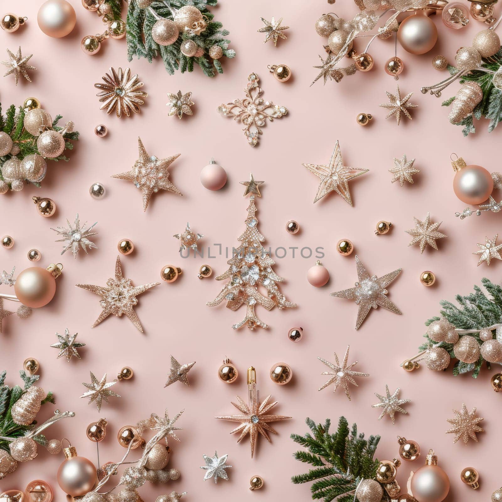 Elegant soft pink background with rose gold christmas decorations for a luxurious festive appeal