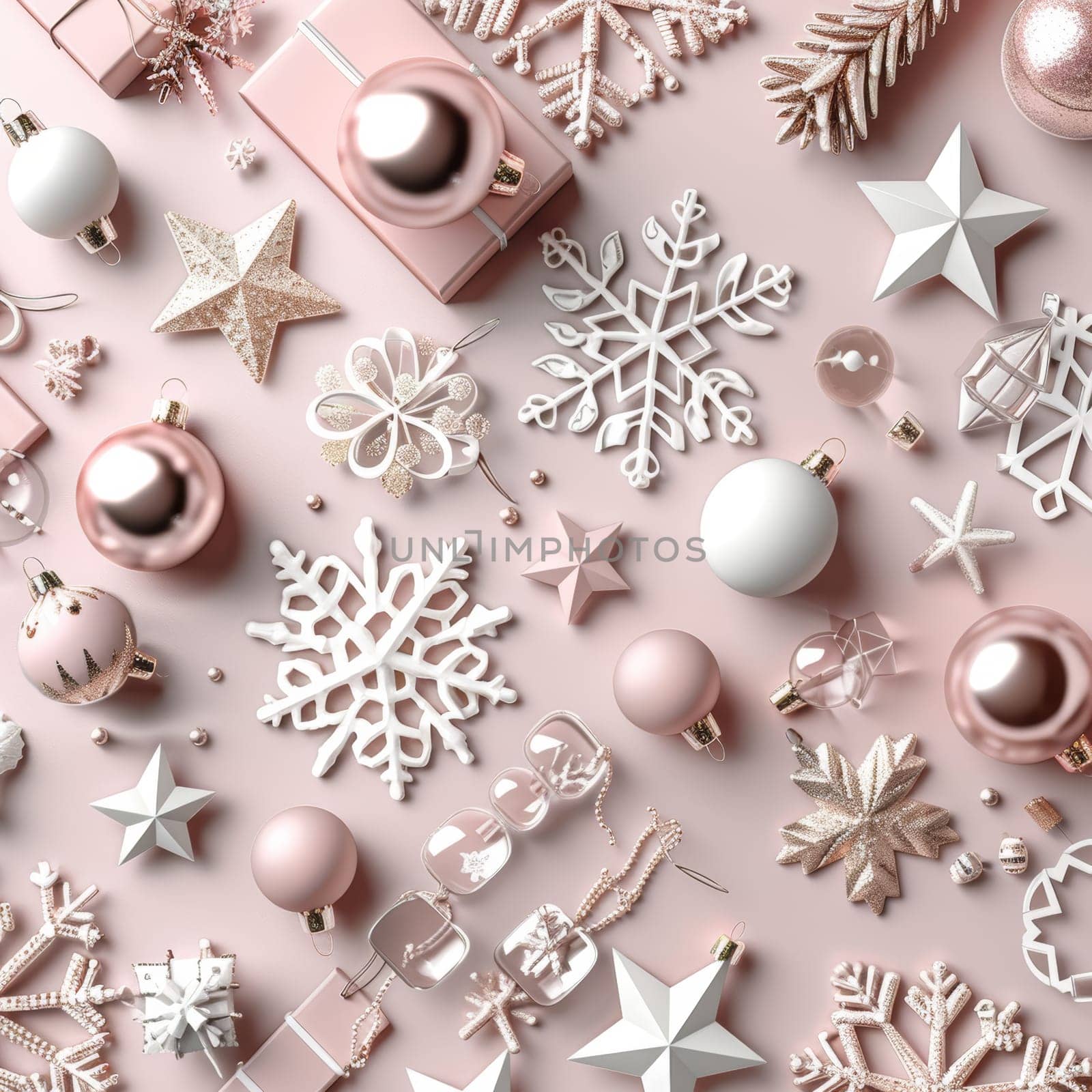 Elegant soft pink background with rose gold christmas decorations for a luxurious festive aesthetic