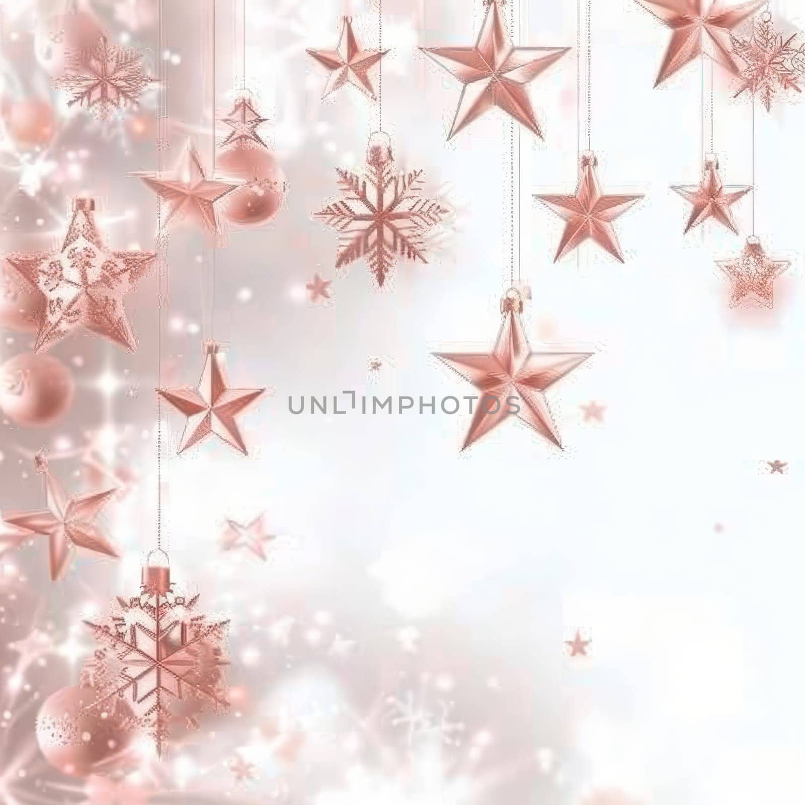 Elegant soft pink background with symmetrical christmas decorations in rose gold and white
