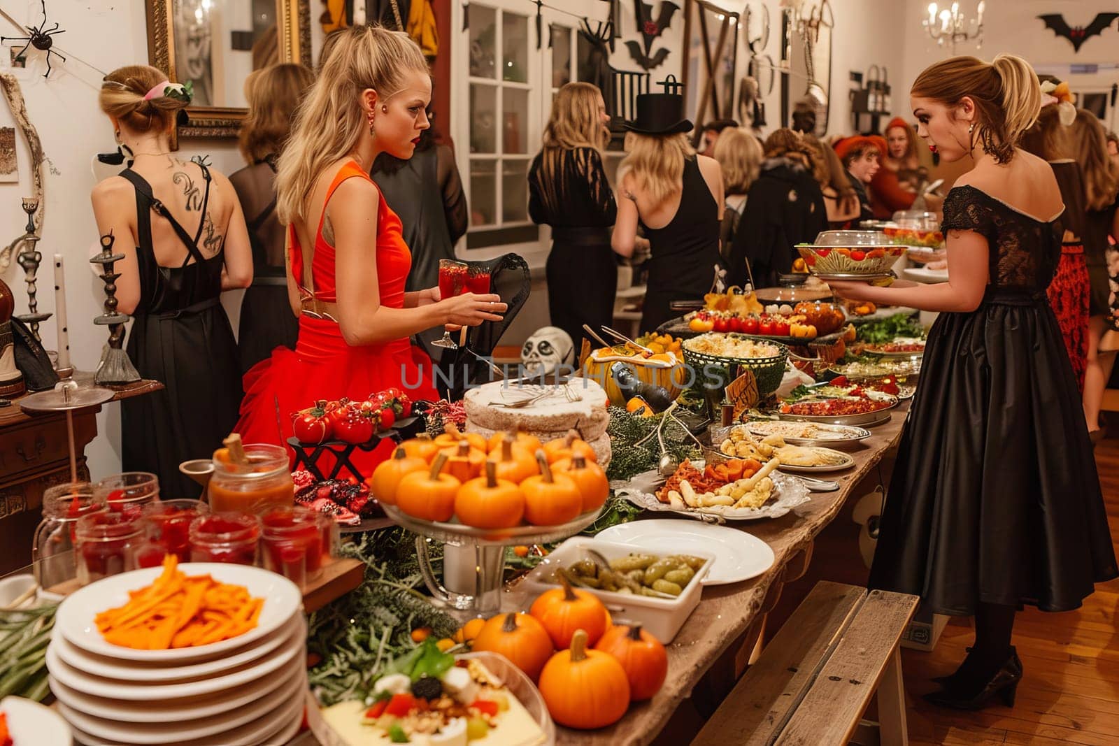 Vibrant halloween celebration costumed guests, spooky decor, and themed food and drinks delight
