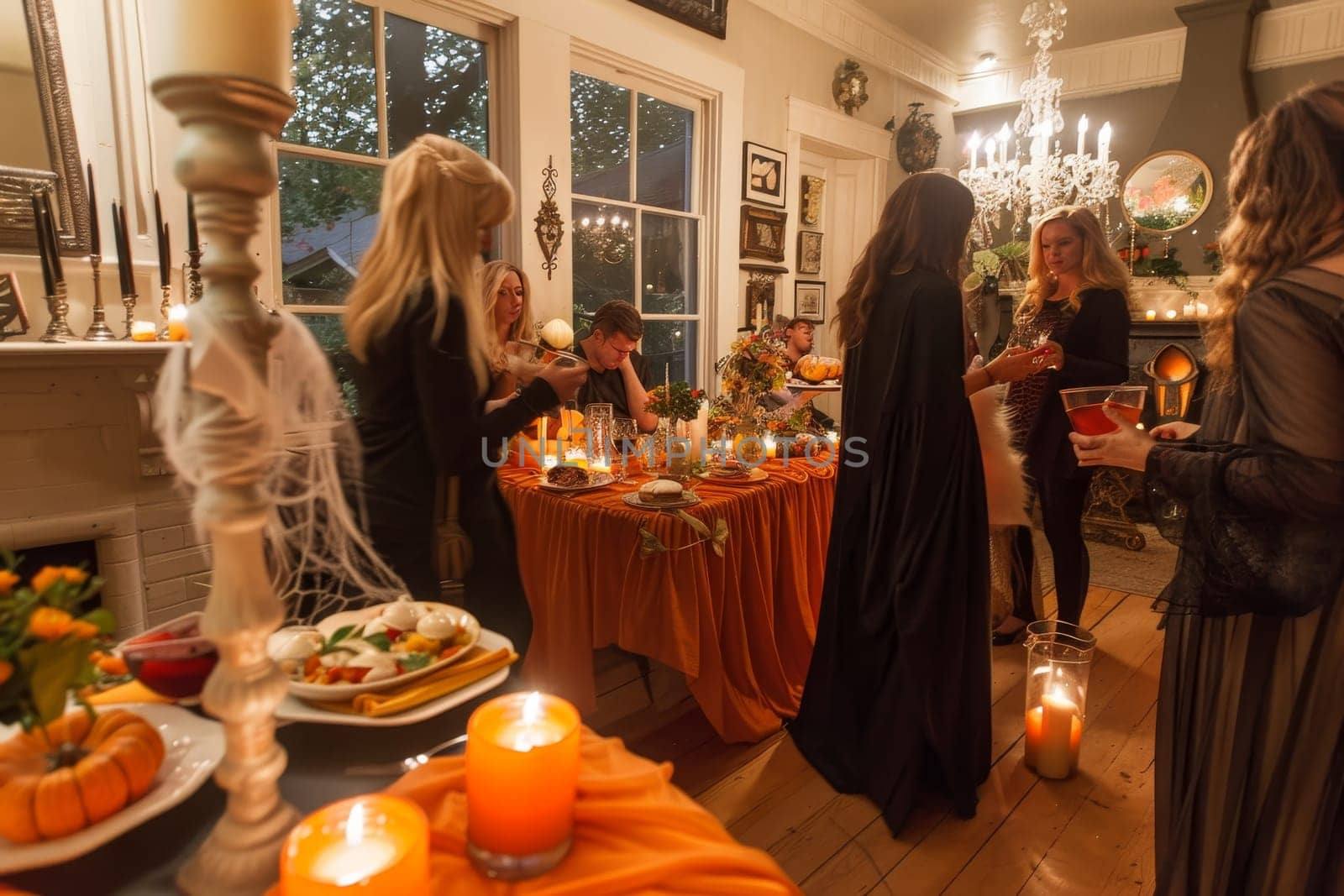 Spooktacular halloween bash guests in costumes, eerie decor, and themed treats and beverages