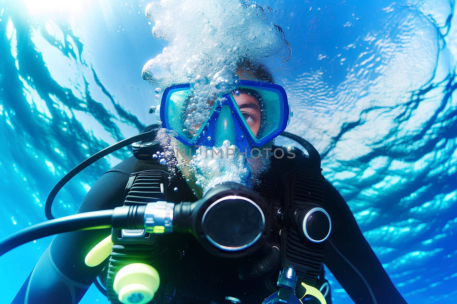 a diver in scuba submerging into the sea.