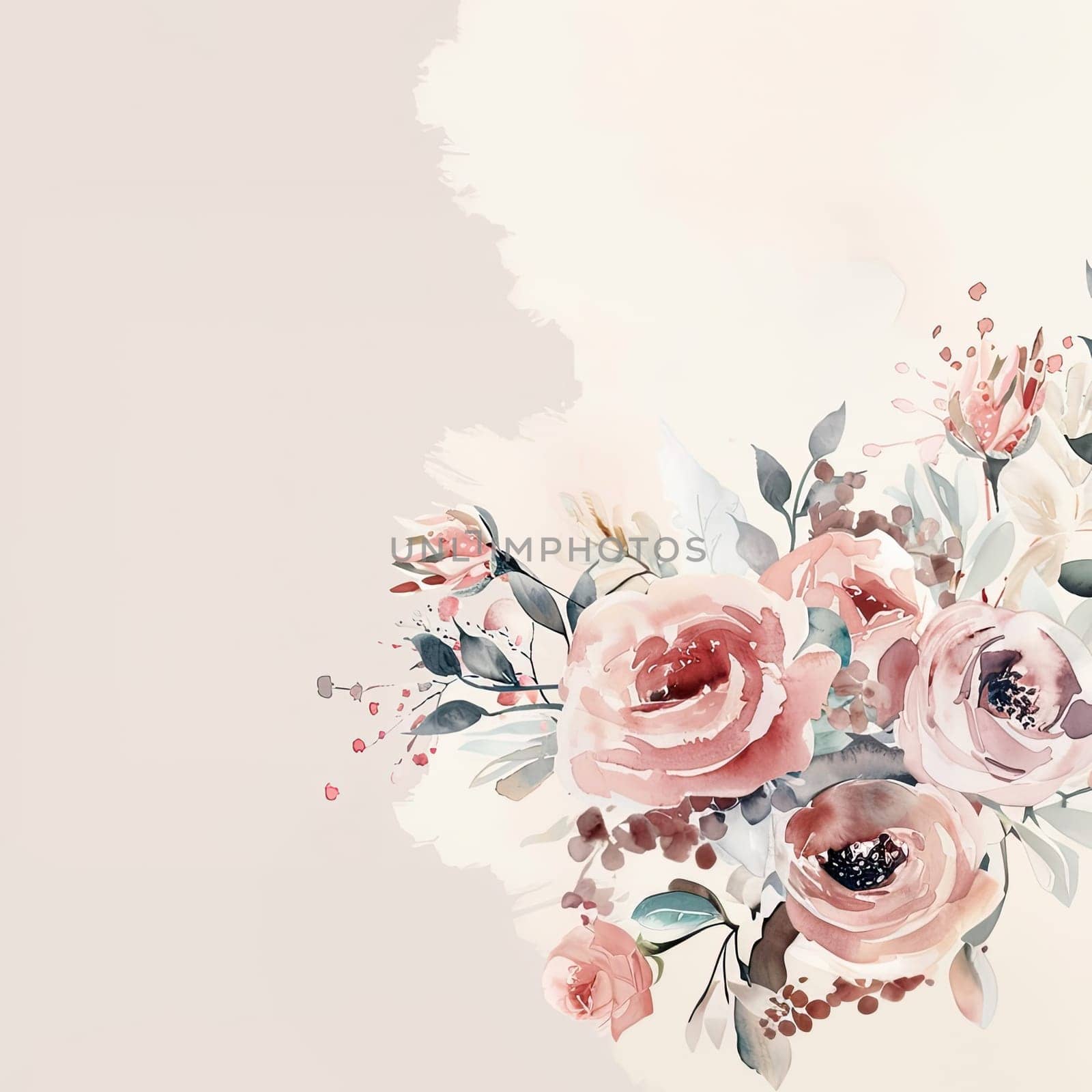 A beautiful arrangement of watercolor roses in soft pink blooms, complemented by green foliage, rests against a light, neutral backdrop, enhancing any space with elegance.