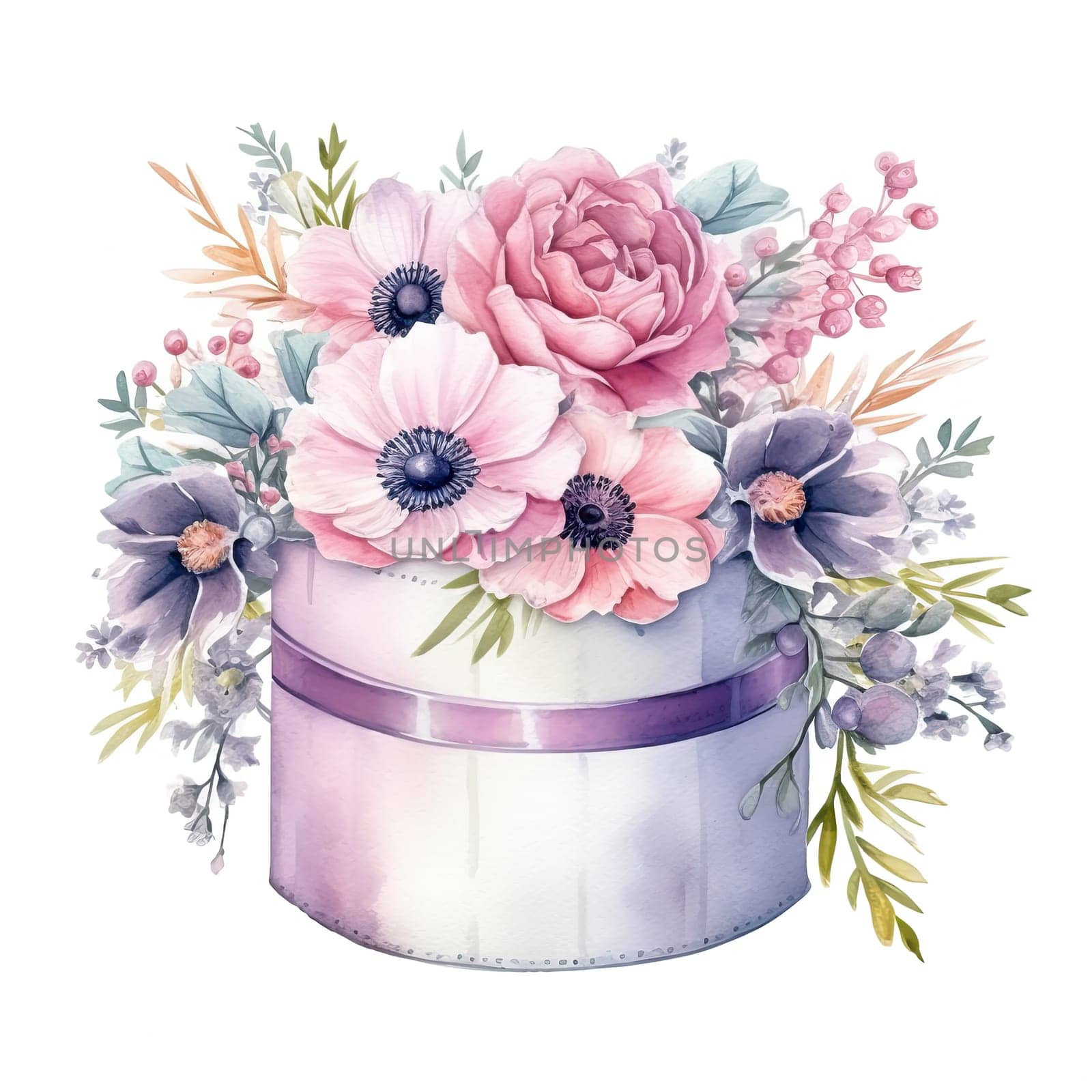 This arrangement features soft pastels with roses, anemones, and greenery, elegantly placed in a round decorative box, ideal for brightening any space.