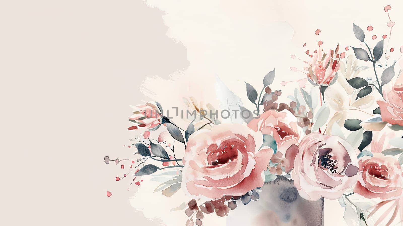 A beautifully arranged bouquet features soft pink roses and delicate flowers, illustrated with gentle brush strokes on a pale background, evoking tranquility.