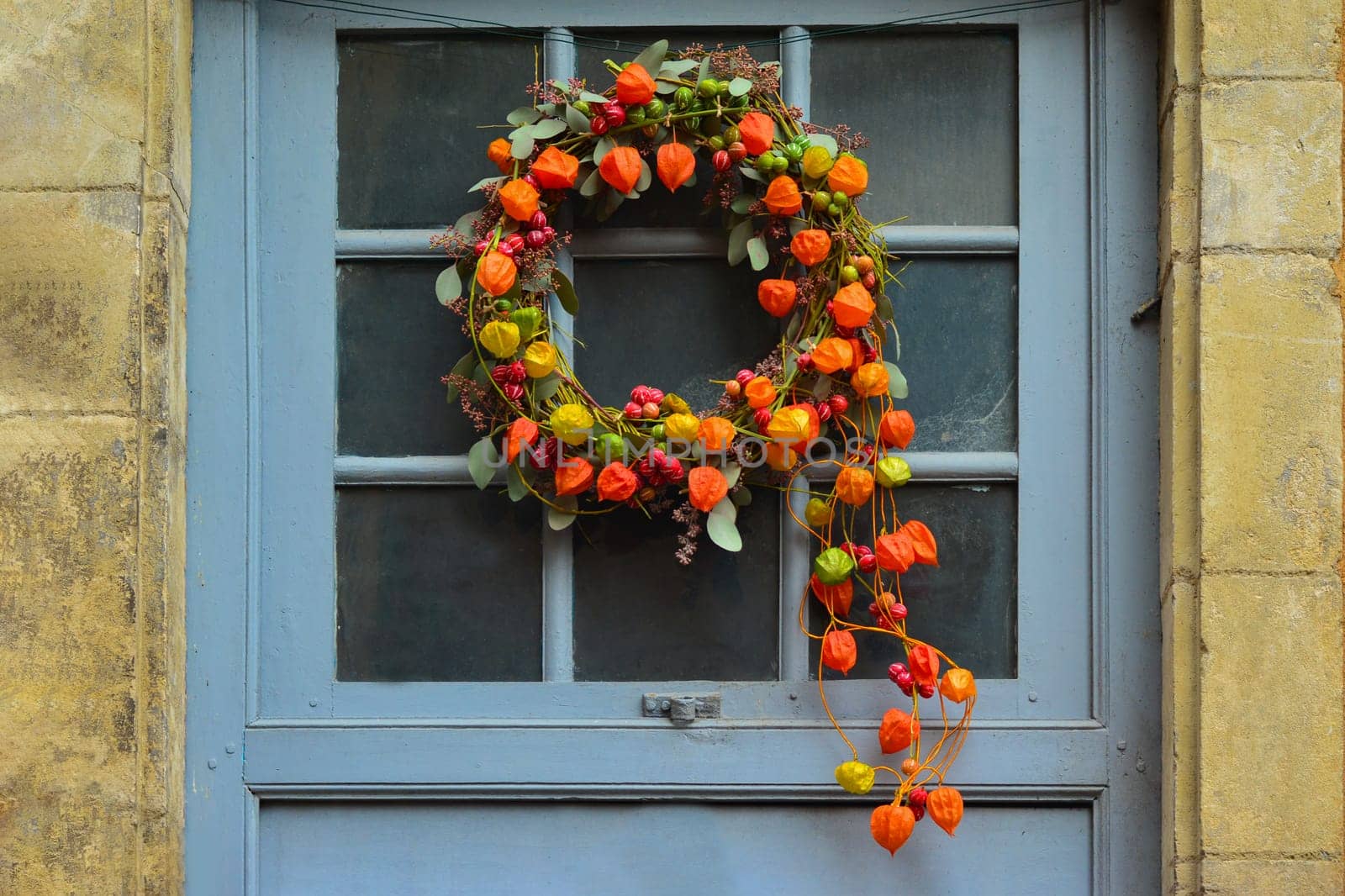 Wreath of autumn plants with physalis and red berries