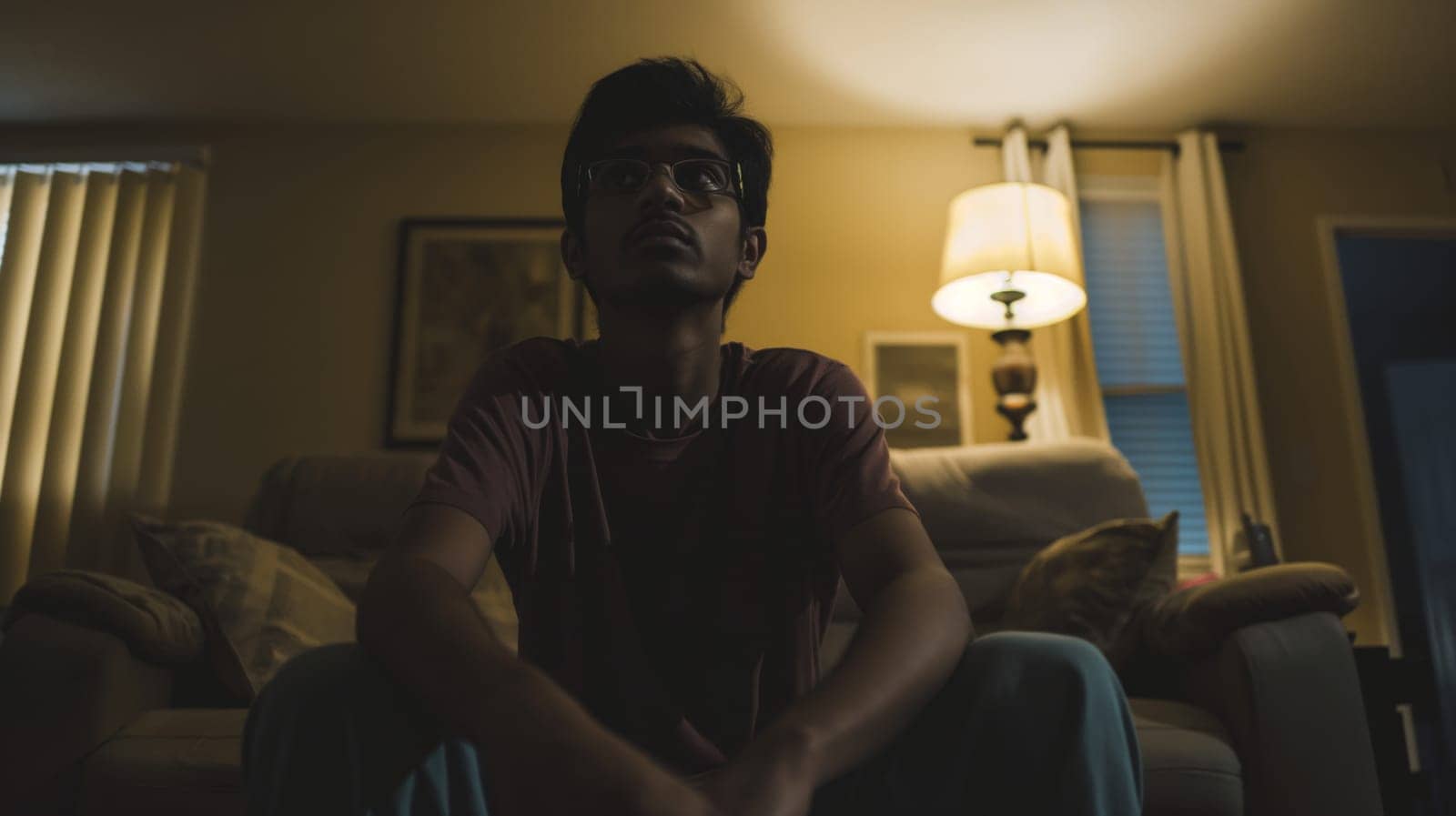 Young bangladeshi man in his early 20s sitting in a cozy living room during evening hours. the room features soft, warm lighting from a lamp, comfortable furniture, and wall art, creating a relaxed and serene atmosphere.