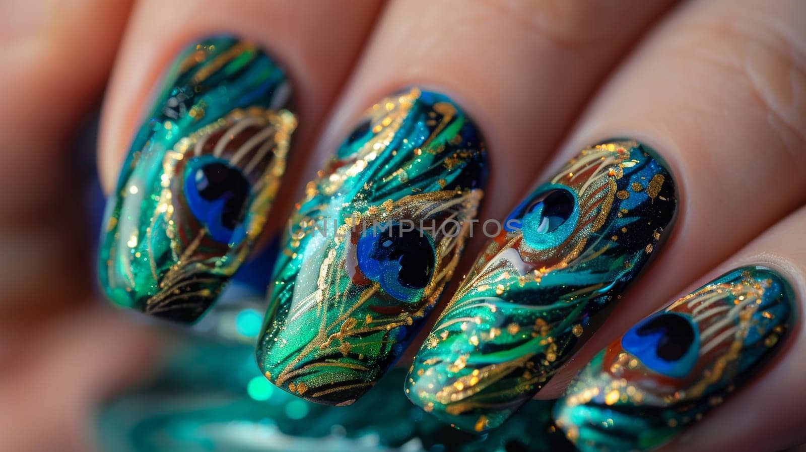 Closeup of intricately designed nails featuring vibrant peacock feathers with rich colors and detailed patterns. the image highlights the beauty and complexity of nail art, making it ideal for fashion and beauty inspiration, print, or online content.