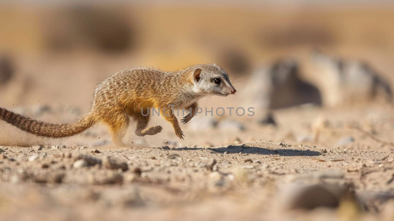 A mongoose sprinting across a sandy desert floor in a natural habitat. the image agility and speed of the mongoose against a backdrop of dry, barren landscape with scattered rocks, ideal for wildlife and nature enthusiasts.