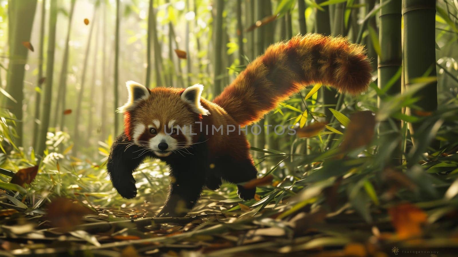 A red panda is captured running through a lush bamboo forest during autumn. the sunlight filters through the dense bamboo, illuminating the vibrant colors of the panda's fur and the golden leaves scattered on the forest floor.