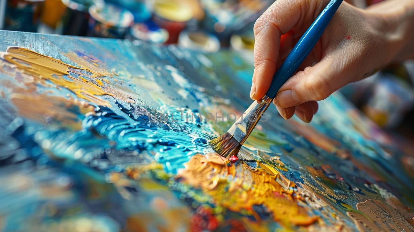 Close-up of an artist's hand using a paintbrush to apply vibrant colors to a canvas, with various paint tubes and containers in the background. the focus is on the intricate details and texture of the paint, the creativity and skill involved.