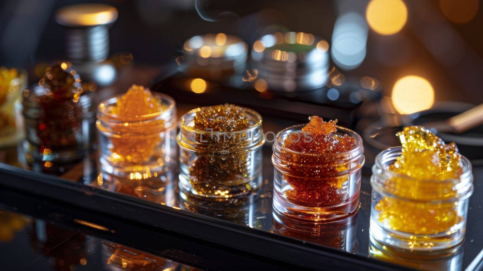 Closeup view of various cannabis concentrates displayed in small jars on a reflective surface. the image showcases different textures and colors of the concentrates, illuminated by warm lighting in the background, their intricate details.