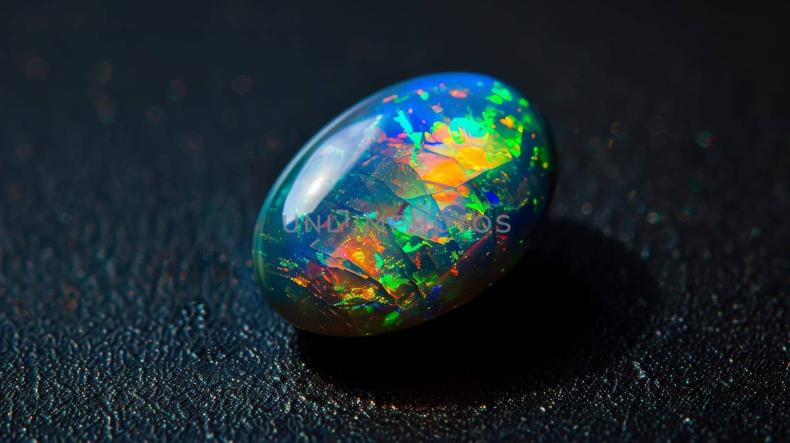 A closeup photograph of a polished opal gemstone displaying a spectrum of vibrant colors, including blue, green, orange, and yellow. the intricate patterns and glossy surface of the opal are highlighted against a dark textured background, emphasizing its natural beauty and elegance.