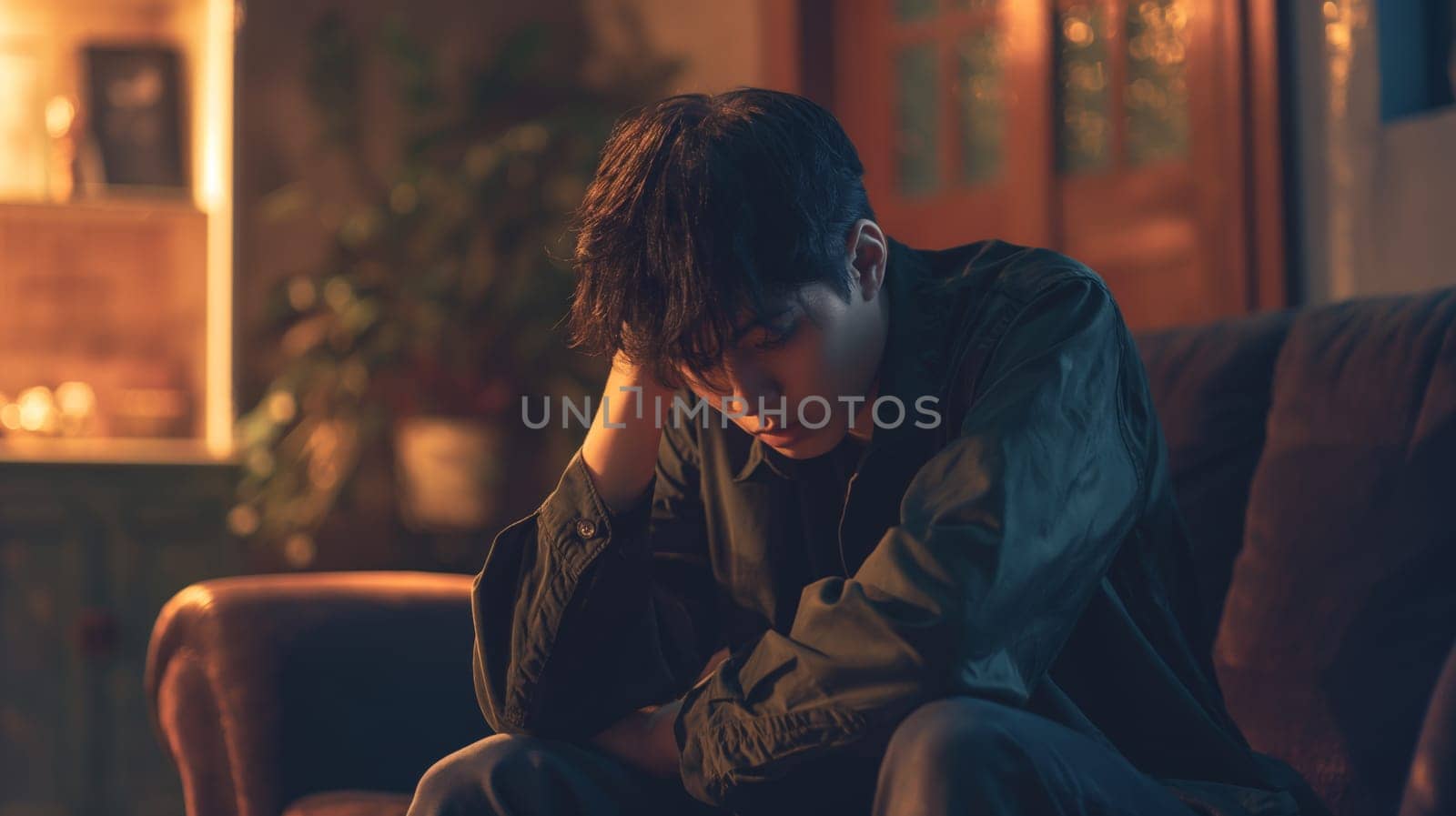 Young korean man seated on a couch in a thoughtful or reflective mood. the setting appears to be indoors during the evening, with warm, soft lighting enhancing the introspective atmosphere. suitable for emotional, psychological, and contemplative themes in stock photography.