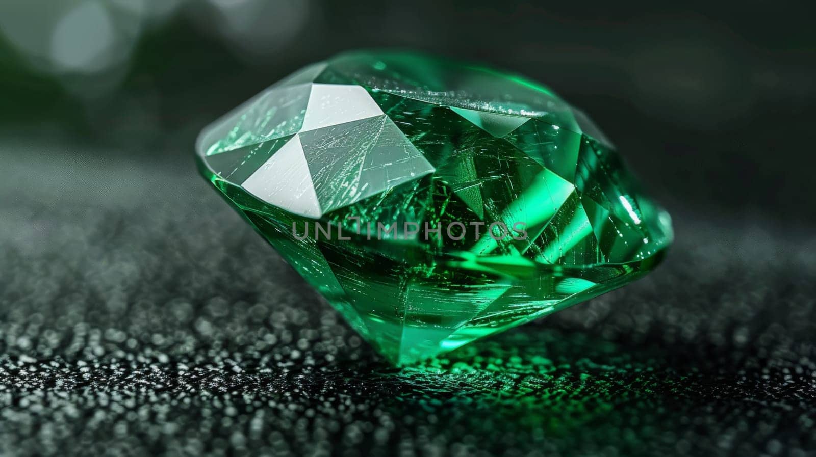 Closeup of a polished emerald gemstone showcasing its intricate facets and rich green color. ideal for use in jewelry design visuals, decorative posters, ecommerce product displays, and highresolution wallpapers.