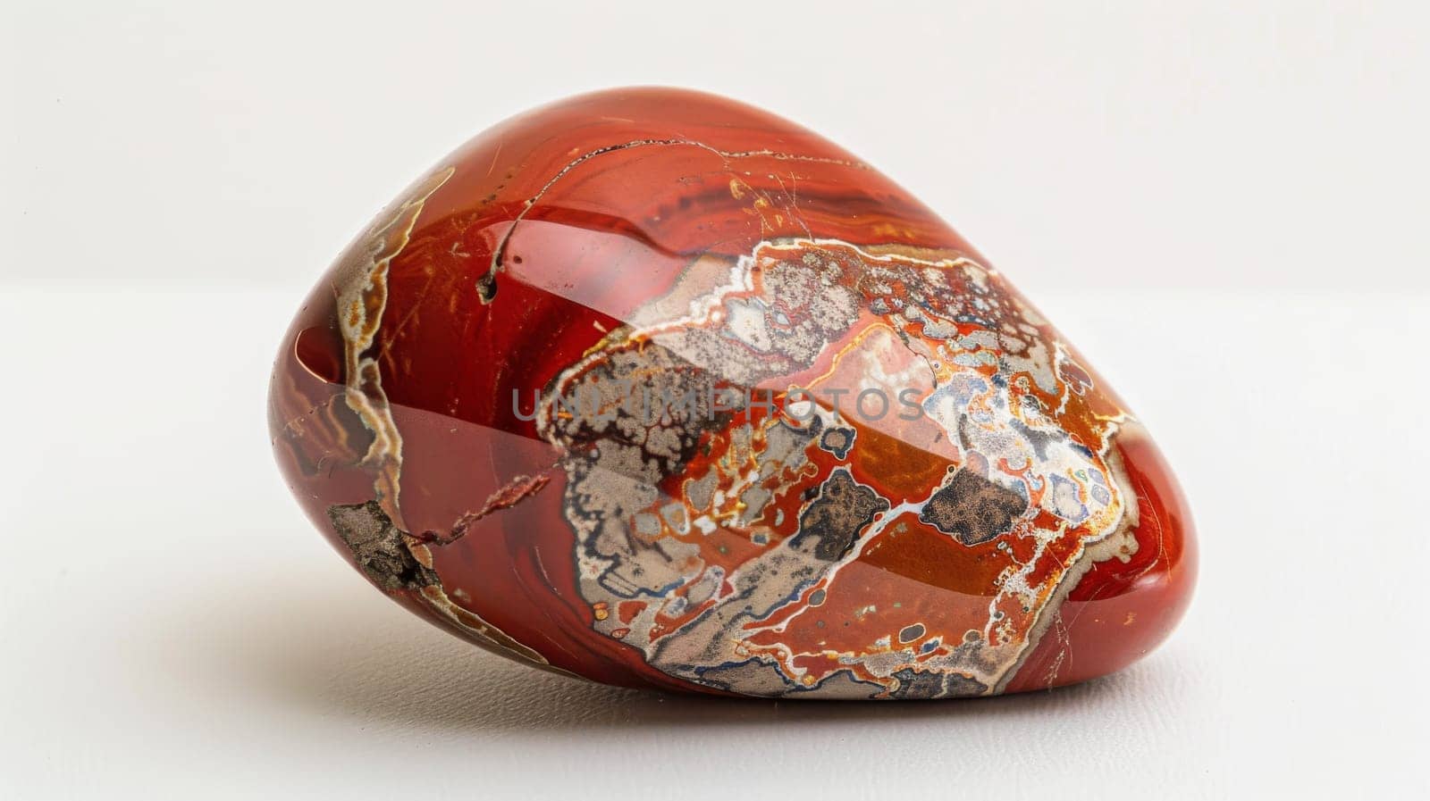 Closeup view of a polished jasper gemstone showcasing intricate red and gray natural patterns, ideal for use in jewelry design and decoration. the stone's smooth, glossy surface enhances its striking, organic beauty, perfect for collectors and designers.