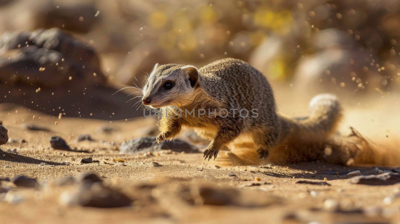 A mongoose is seen in motion running across a sandy desert floor, creating a dynamic and energetic scene. the background includes rocks and blurred natural elements, emphasizing the mongoose's swift movement and the arid environment.