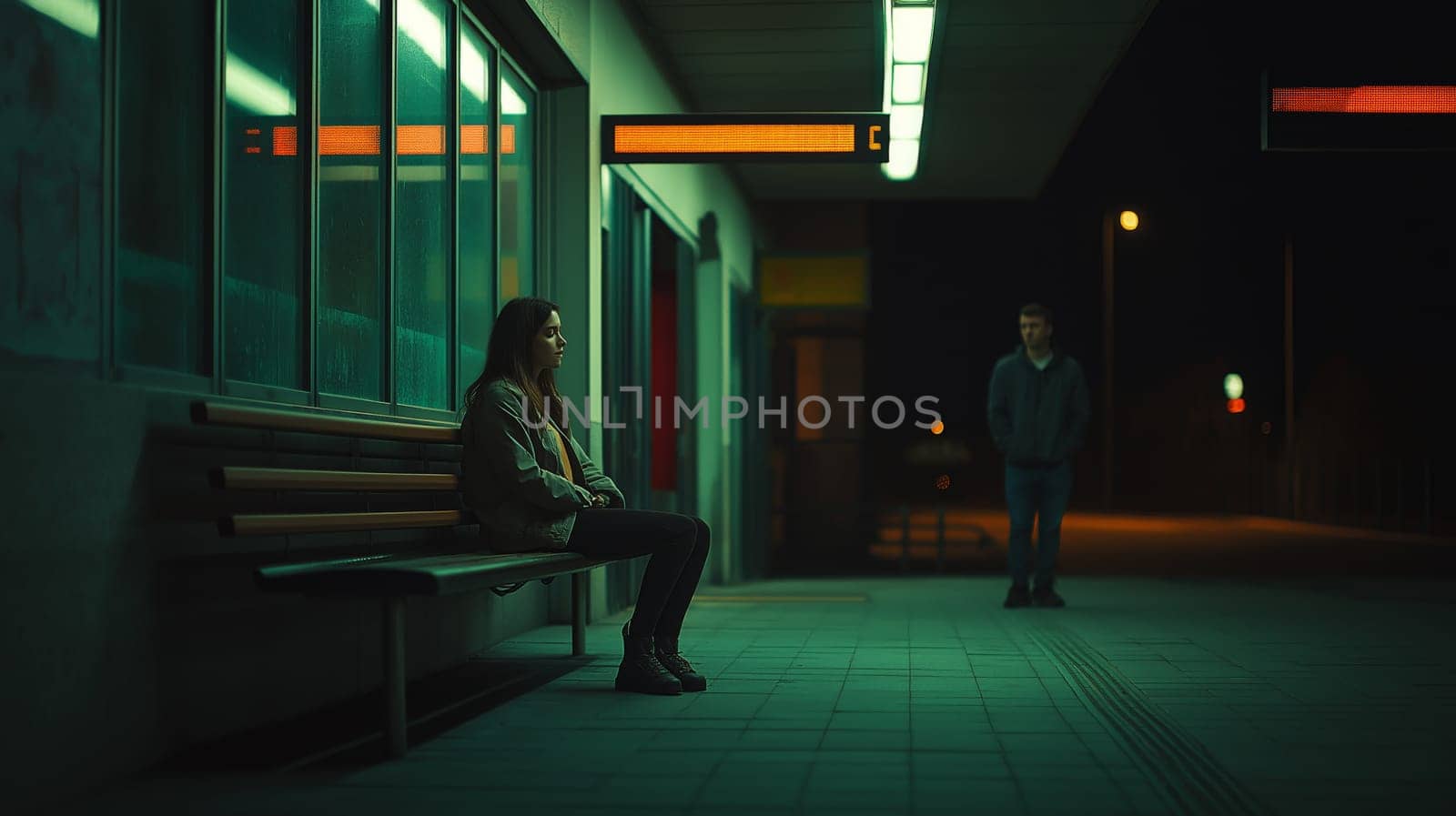 A woman sits alone on a bench at a dimly lit, latenight bus station, with a man standing in the background. the scene captures a quiet, urban atmosphere, highlighted by fluorescent lighting and empty space, amplifying the feeling of solitude and stillness.