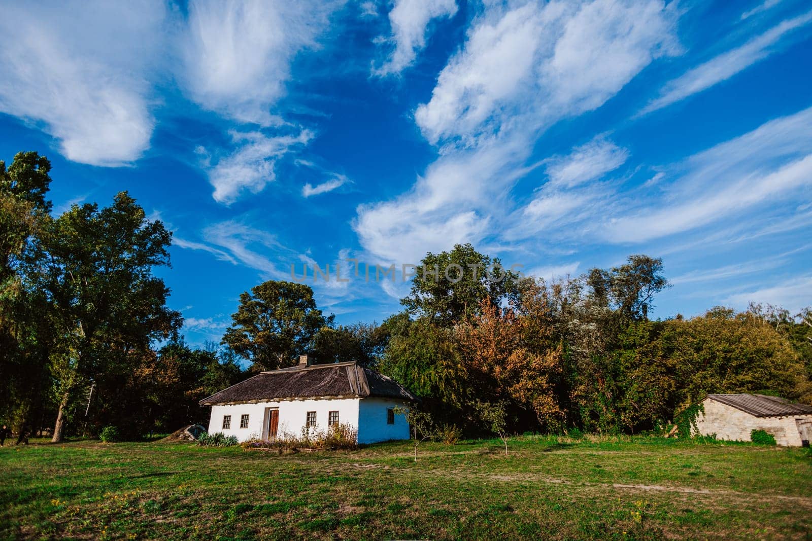 Traditional rural house with a thatched roof is nestled in a peaceful countryside surrounded by trees and greenery.