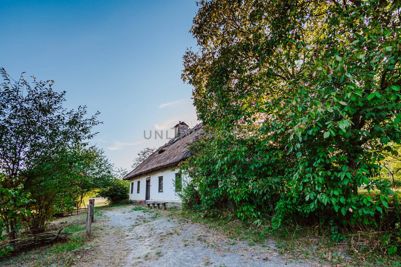 Traditional rural house with a thatched roof is nestled in a peaceful countryside surrounded by trees and greenery.