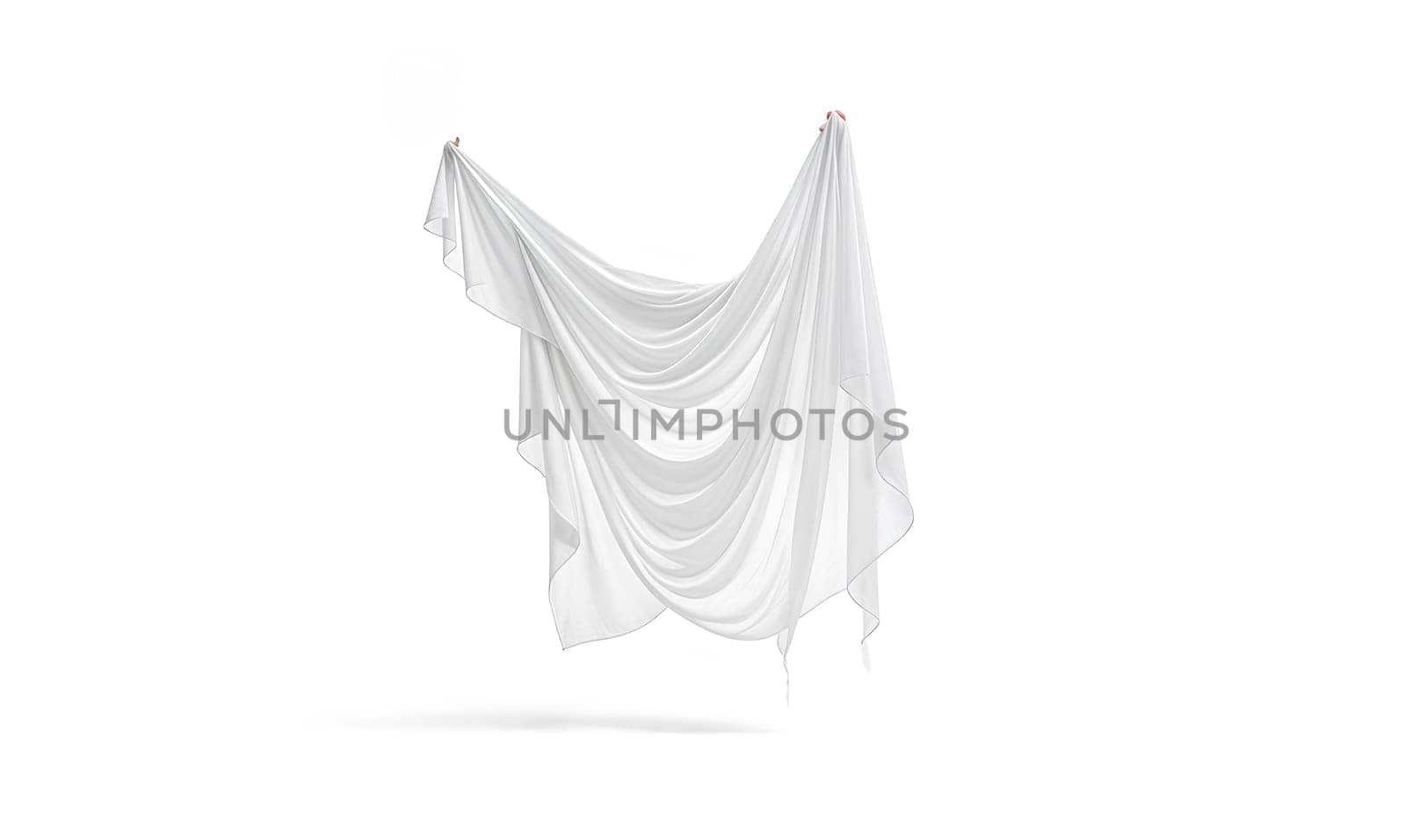 Blank white folded fabric hanging on corners mockup, no gravity. High quality photo.
