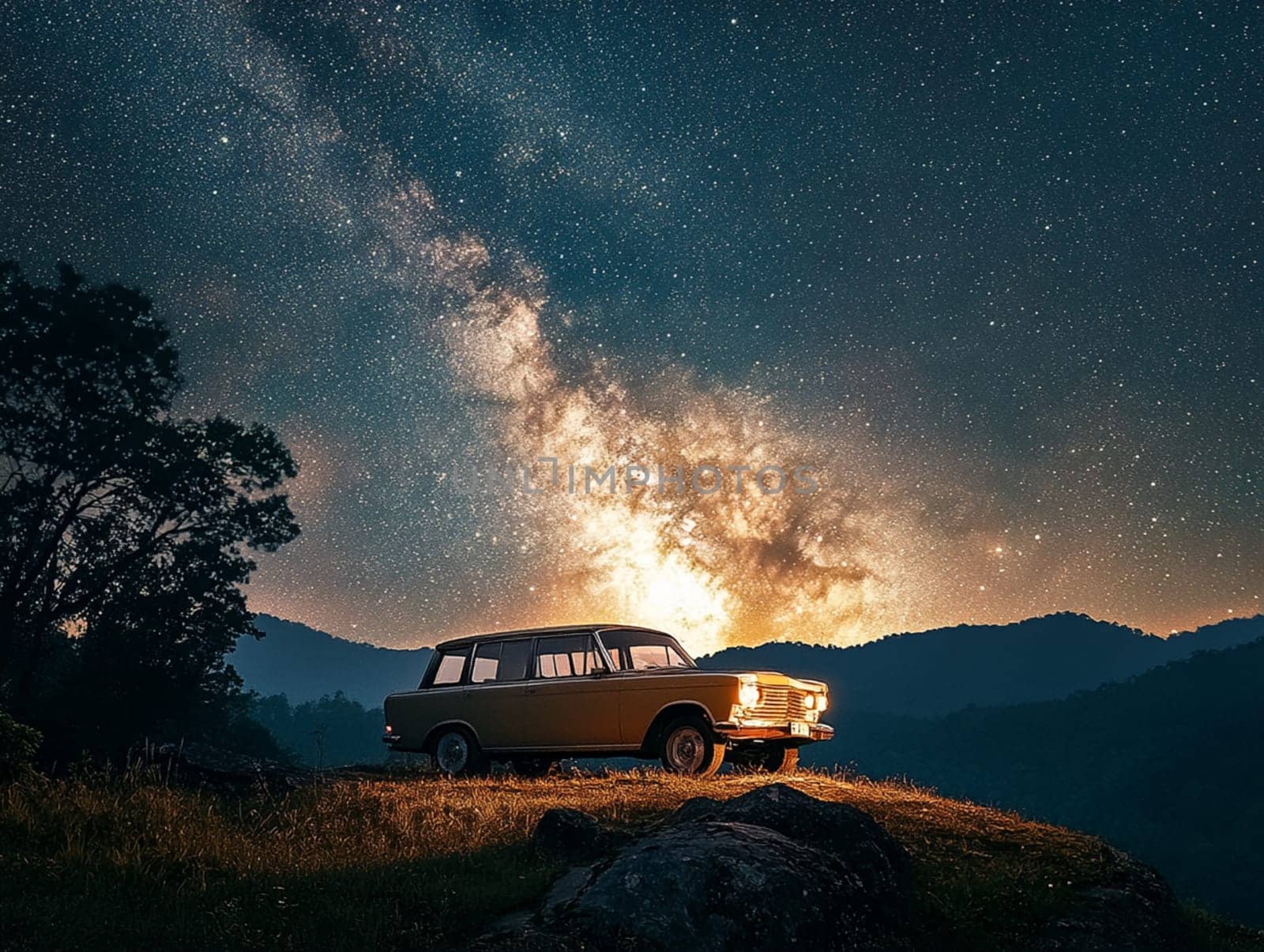 An old, rusted car sits alone on a hillside, surrounded by nature. The vibrant twilight sky is filled with stars, creating a stunning contrast with the vehicle's decay.