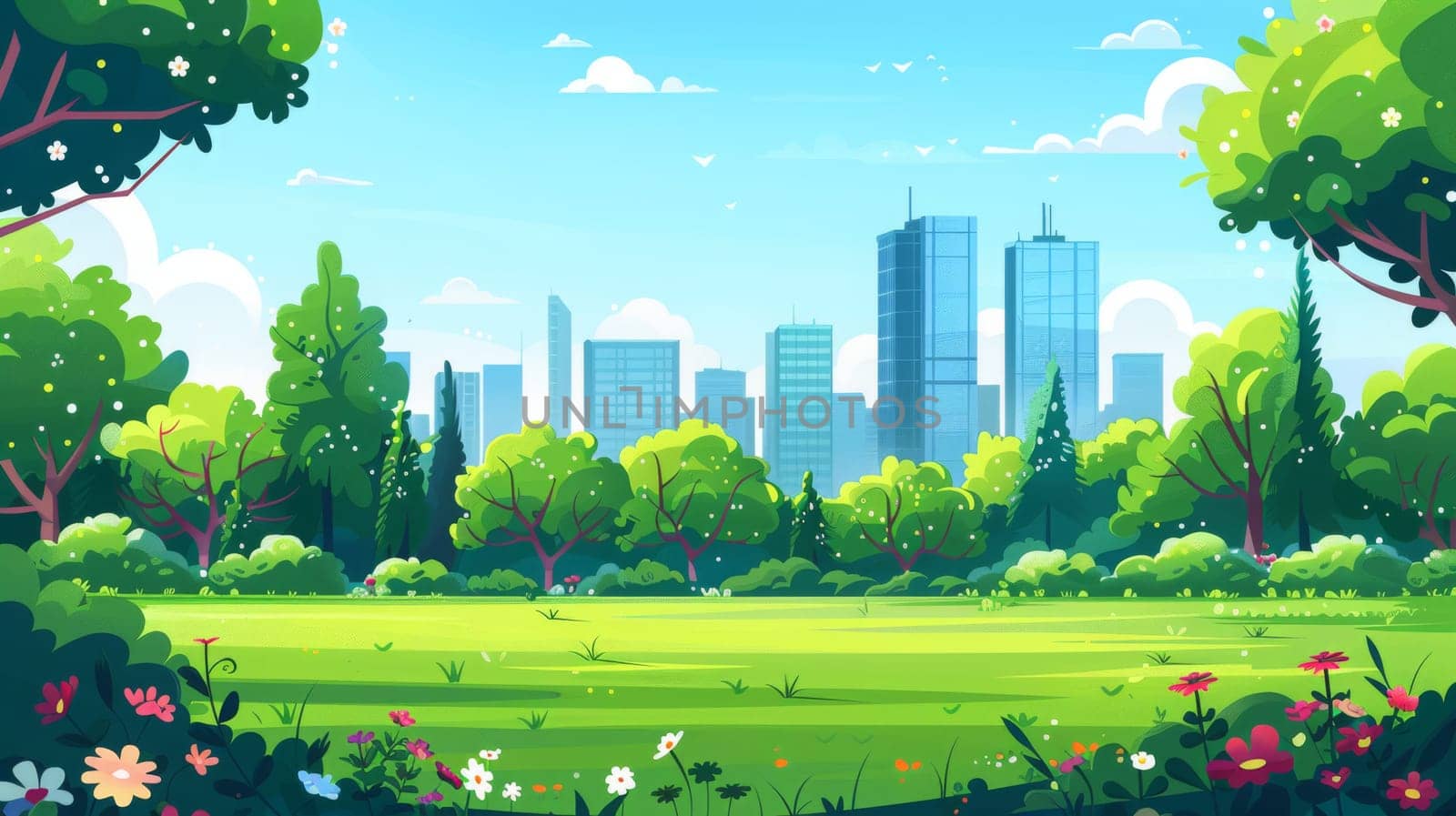 Vibrant and serene city park illustration in a flat minimalist style, featuring lush greenery, colorful flowers, and tall skyscrapers in the background. ideal for use in posters and prints showcasing urban nature and outdoor recreation.