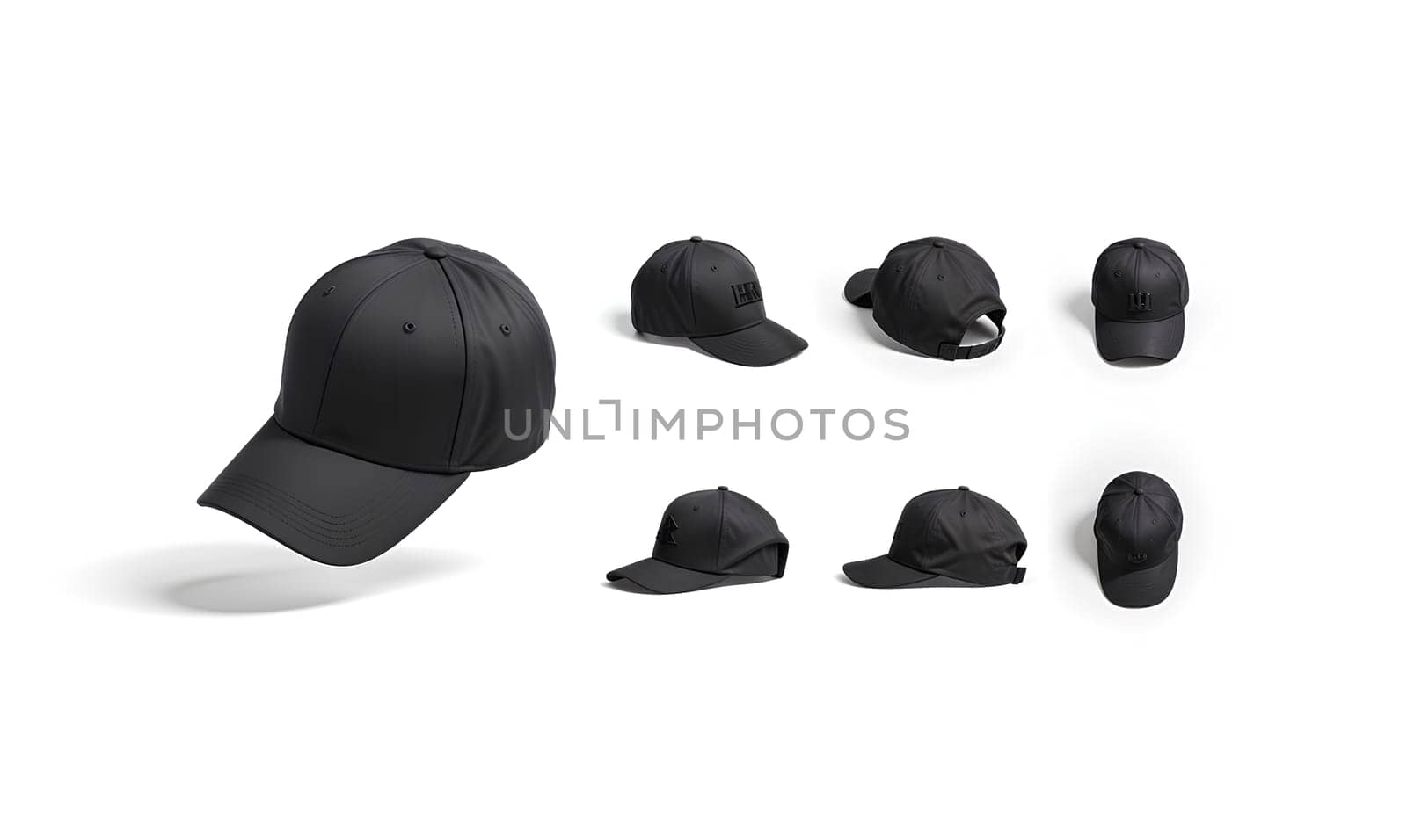 Blank black trucker hat mockup, different views. High quality photo.