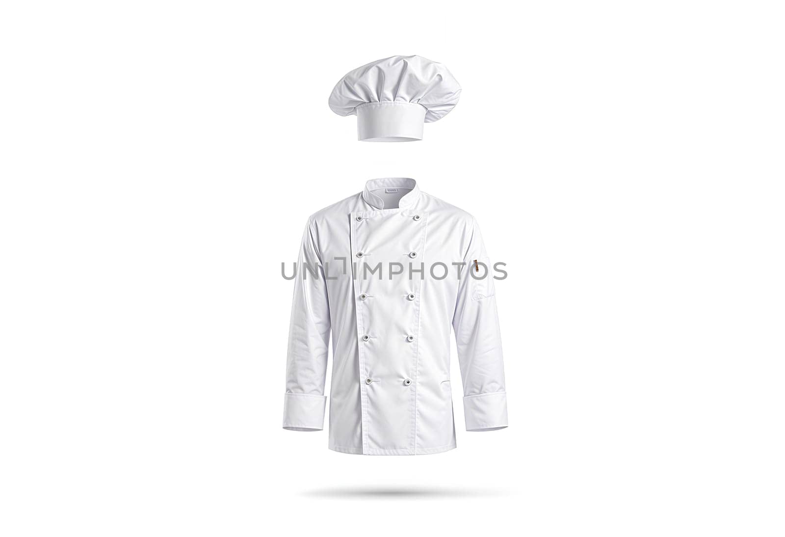 Blank white chef hat and jacket mockup, front view. High quality photo.