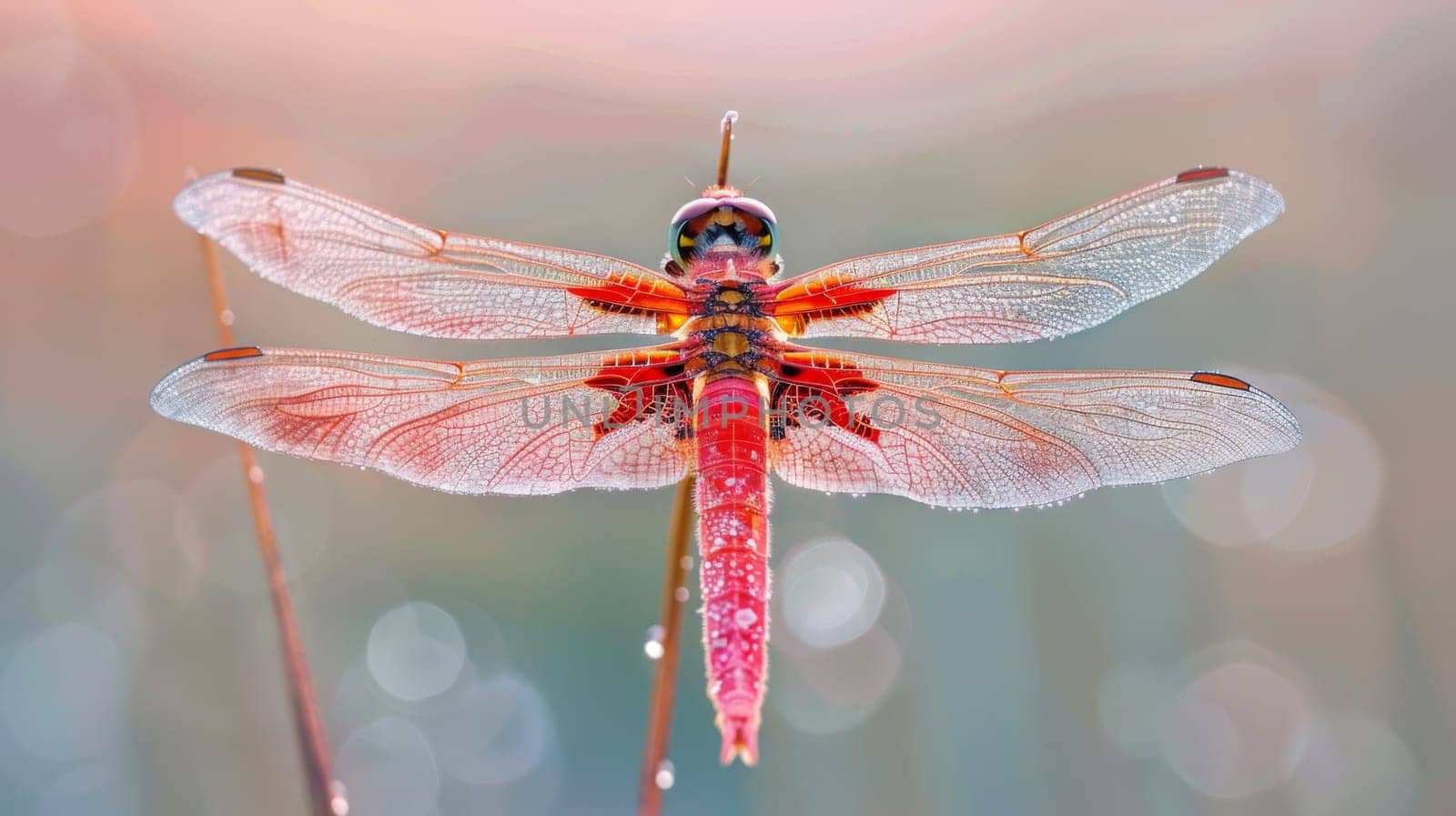 Detailed photograph showcasing a vibrant red dragonfly with delicate, dewcovered wings. the background features a soft bokeh effect, the intricate patterns and colors of the insect. captured in the tranquil morning light, the dragonfly's translucent wings and vivid body stand out beautifully.