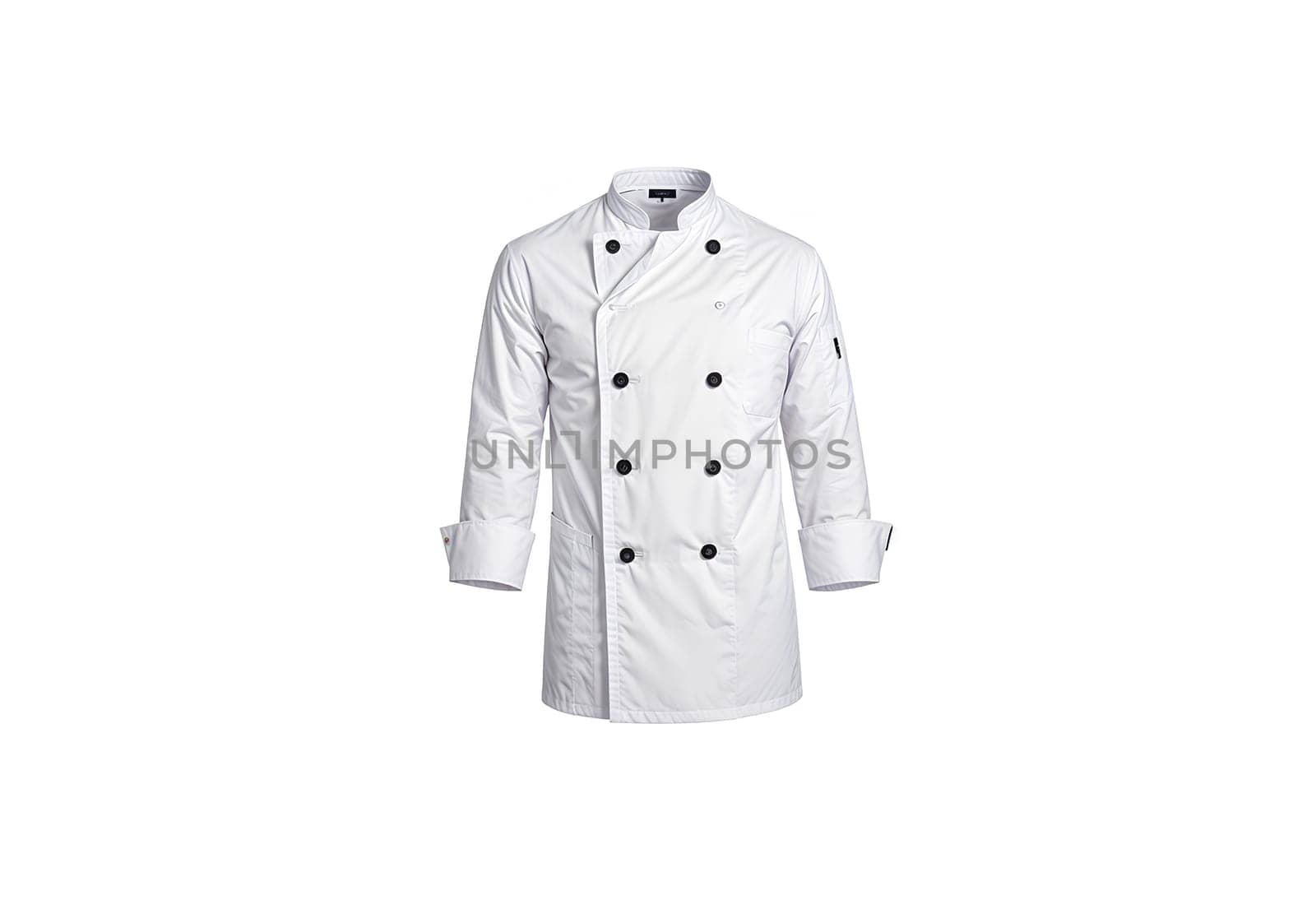 Blank white chef jacket with buttons mockup, front view. High quality photo.