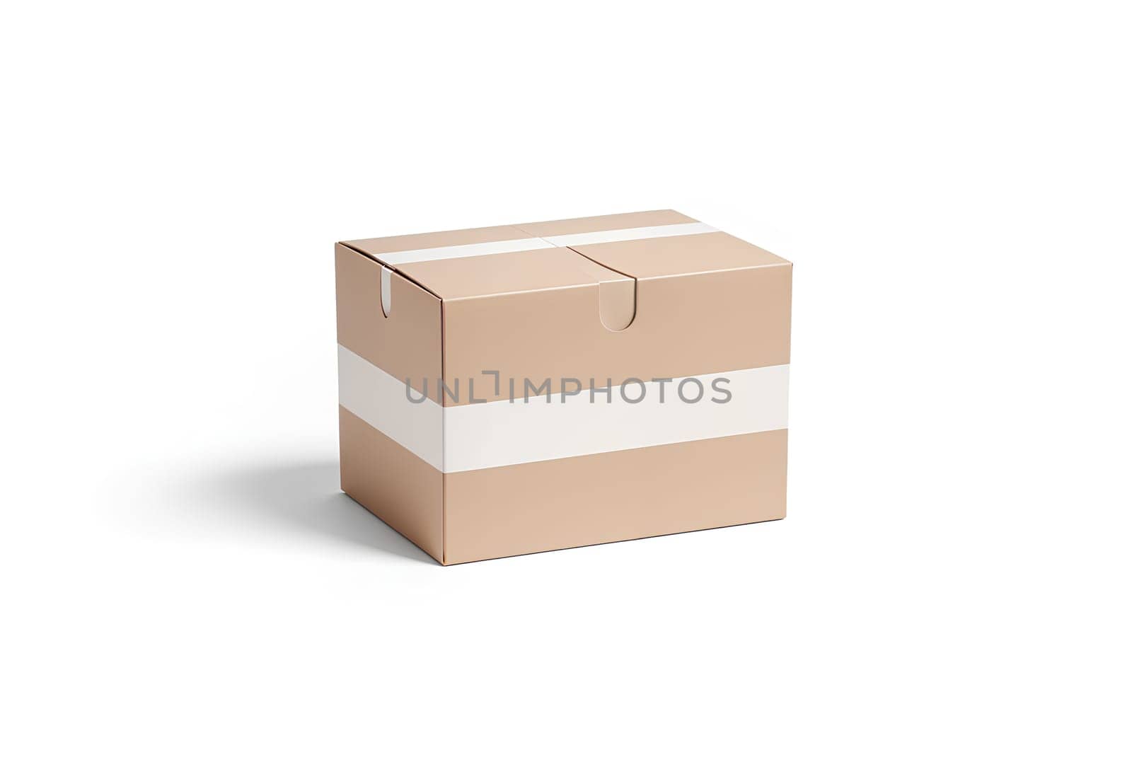 Blank white shipping label on craft box mockup, half-turned view. High quality photo.