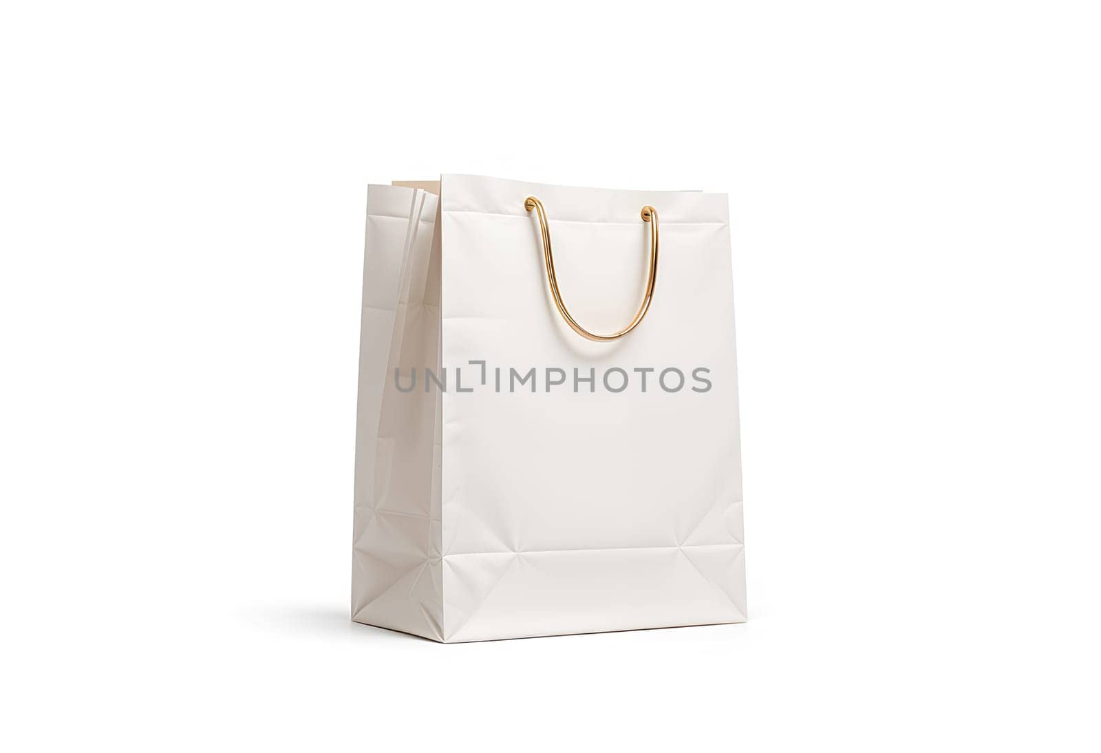 Blank white paper gift bag with black silk handle mockup, isolated, 3d rendering. Blank plastic packet mock up, side view. Beautiful package template. Craft bagful for present.