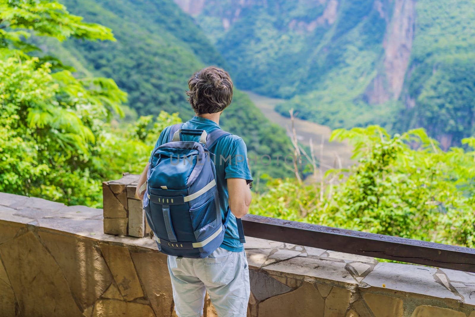 Male tourist exploring Sumidero Canyon National Park, Mexico. Adventure, natural exploration, and travel experience concept.