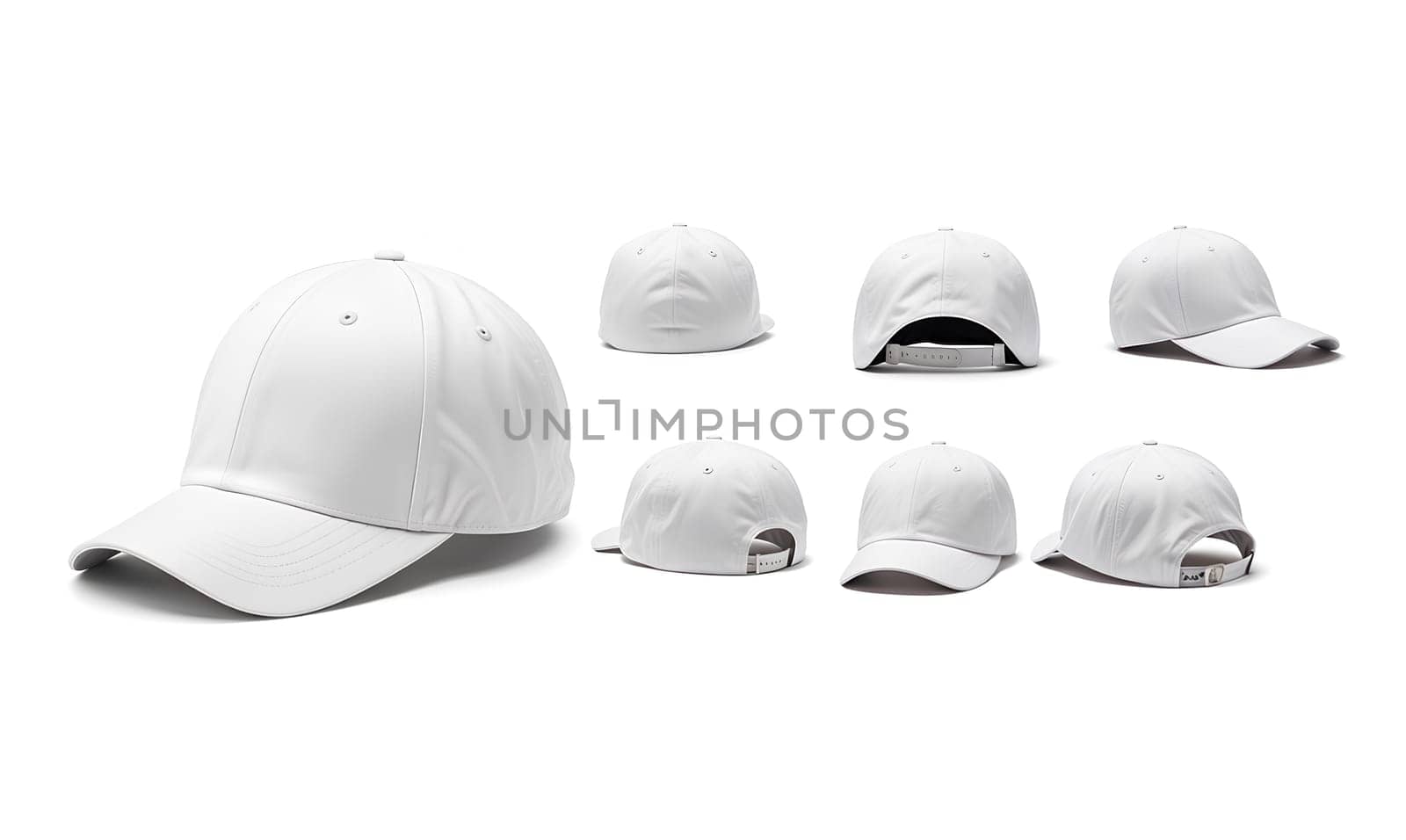 Blank white trucker hat mockup, different views. High quality photo.