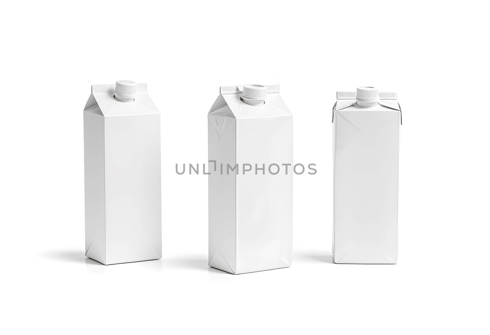 Blank white prisma juice pack with lid mockup set, different sides, 3d rendering. Empty milk pack mock up, stand isolated. Clear aseptic box with cap for fresh drink. Packet with yogurt template.