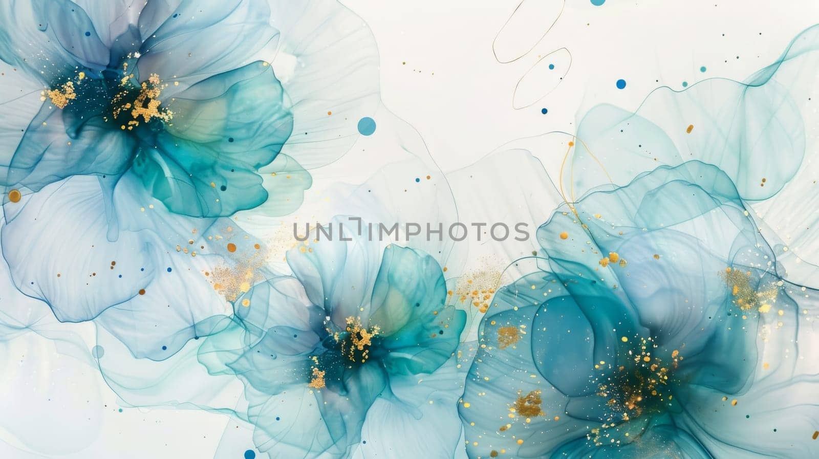Abstract floral artwork featuring delicate blue flowers with gold accents on a white background. the translucent petals and gold speckles create an ethereal and elegant composition, ideal for modern home decor, wall art, and art prints.