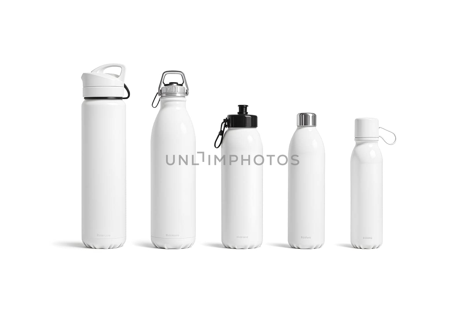 Blank white travel bottle mockup set, front view. High quality photo.