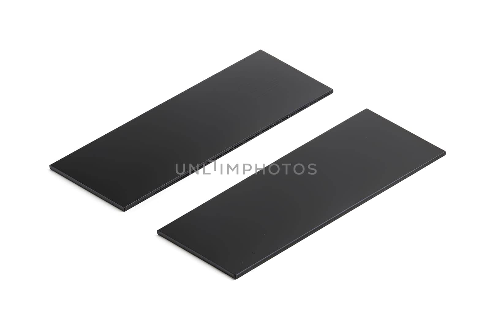 Blank black yoga mat mockup lying side view, front back. High quality photo.