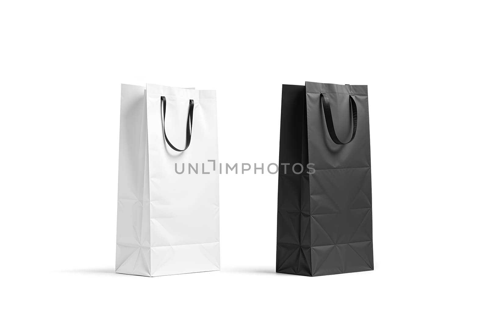 Blank tall black and white wine bottle bag mockup set, isolated, 3d rendering. Empty carry handbag for wine or vodka mock up. Clear paper packaging for store branding template.