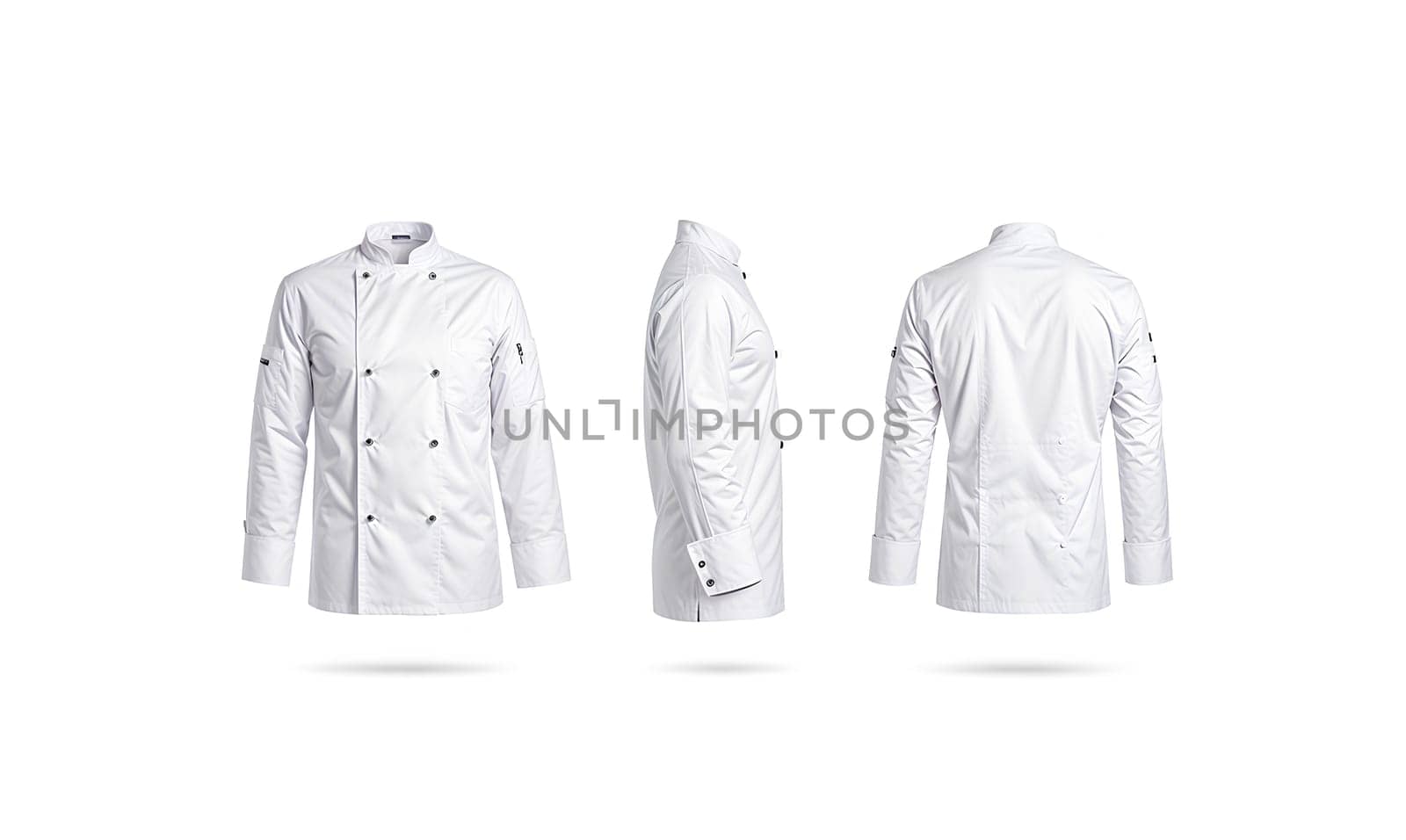 Blank white chef jacket with buttons mock up, different sides. High quality photo.