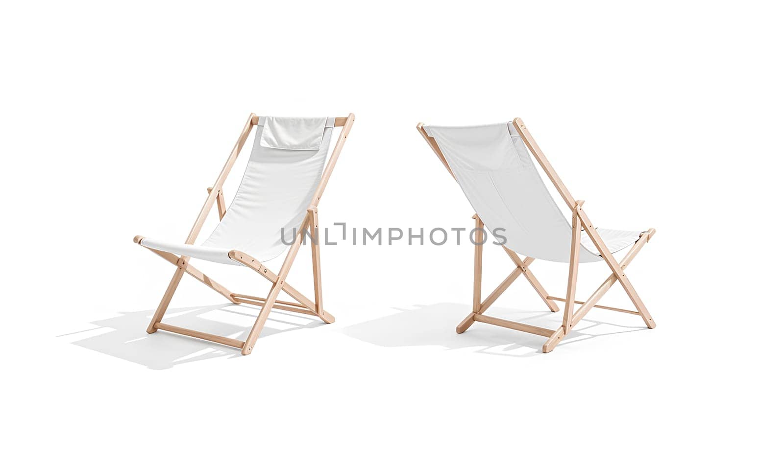 Blank white folding beach chair mockup, side and back view. High quality photo.